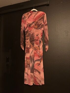 Anthropologie Multicolor Ruched Long Sleeve Midi Dress in Pink and Brown